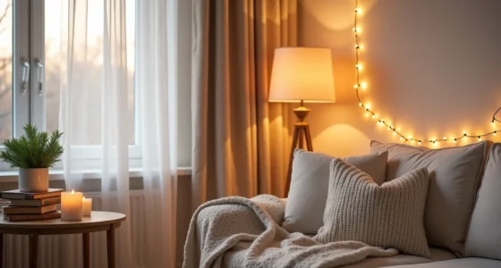 Cozy living room corner with string lights, lit candles, evergreen sprigs, and a chunky knit throw draped over a sofa.