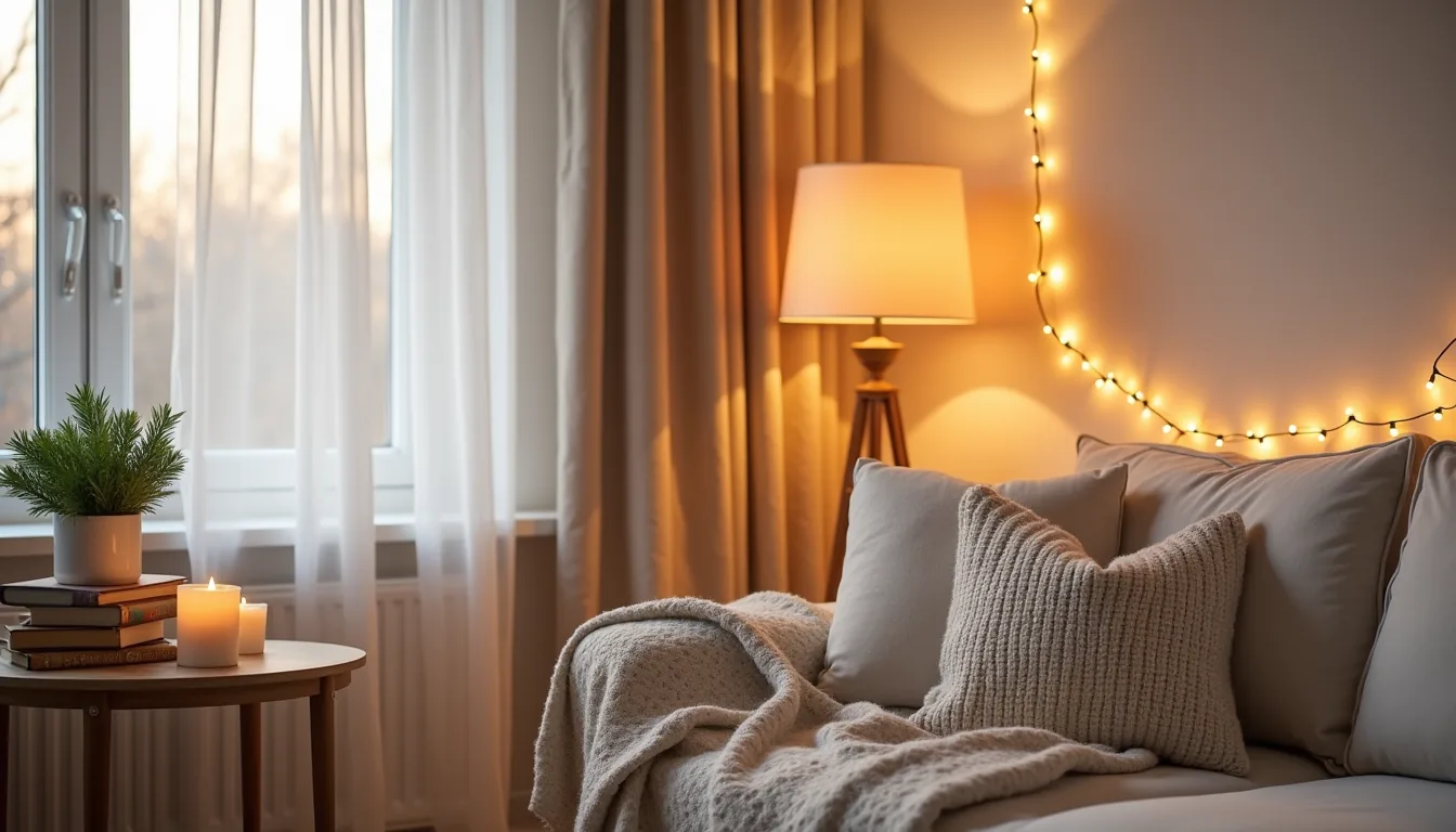 Cozy living room corner with string lights, lit candles, evergreen sprigs, and a chunky knit throw draped over a sofa.