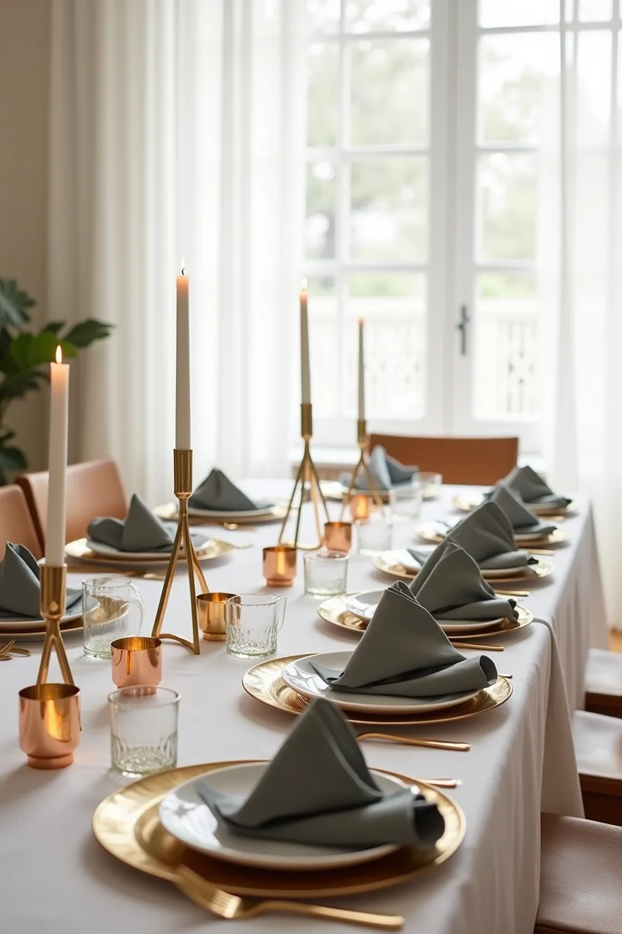 Long narrow table with white runner, staggered brass candle holders, triangular slate napkins, brass charger rings, and
