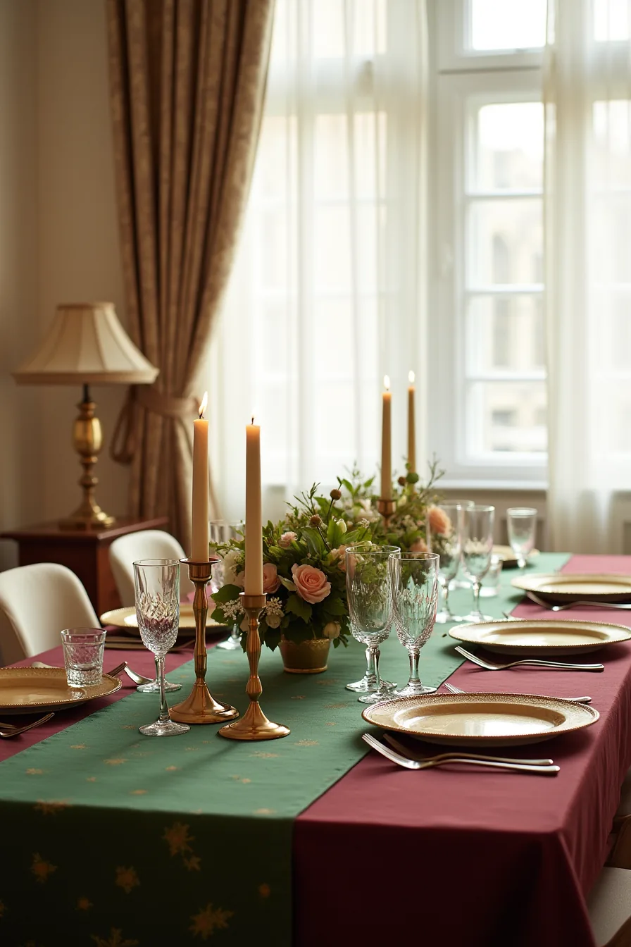 Formal rectangular table with burgundy cloth, emerald runner, gold chargers, metallic candles, and green floral centerpiece.