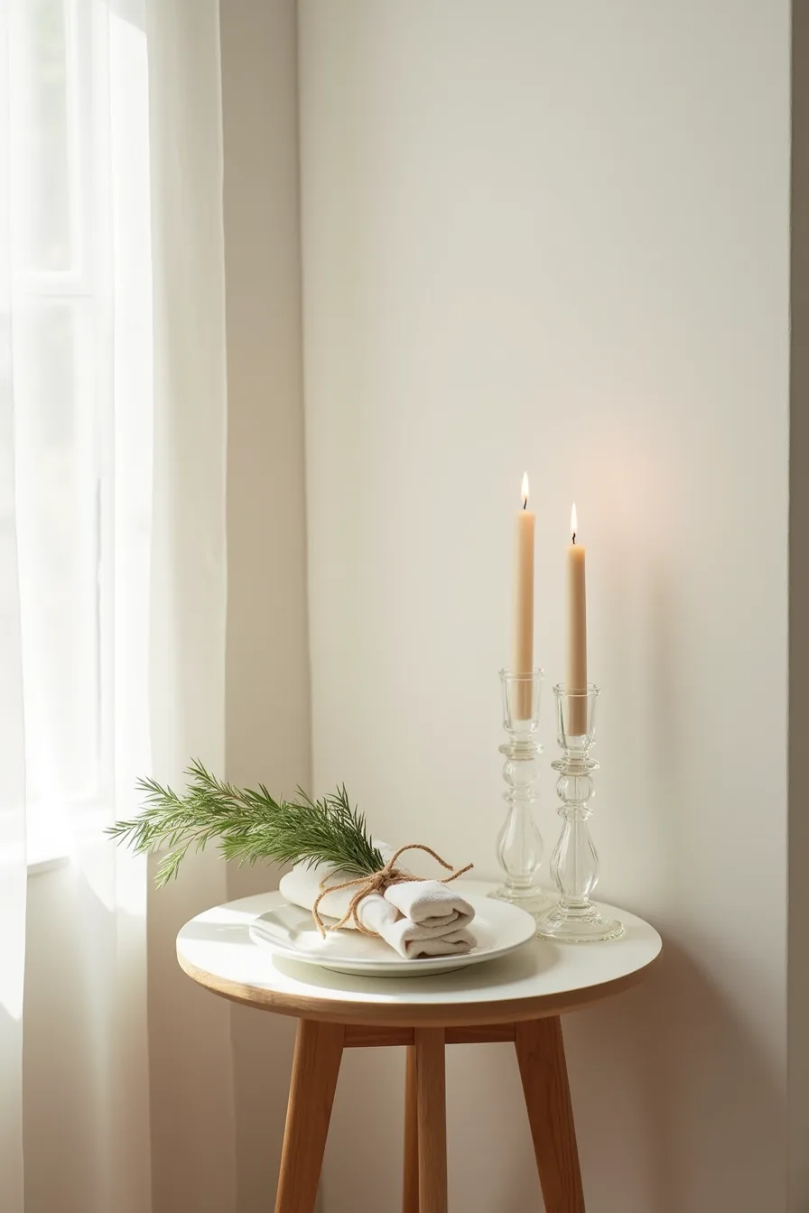 Single place setting on console table with white plate, cedar sprig, and two candles in glass holders.