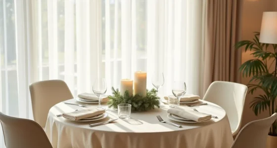 Round table with cream linen cloth, low evergreen and candle centerpiece, four place settings with folded napkins.
