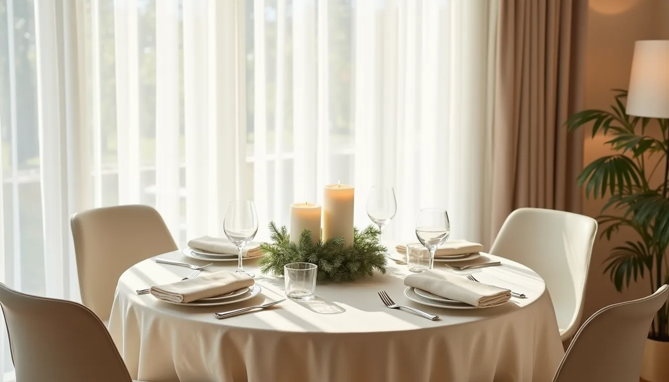 Round table with cream linen cloth, low evergreen and candle centerpiece, four place settings with folded napkins.