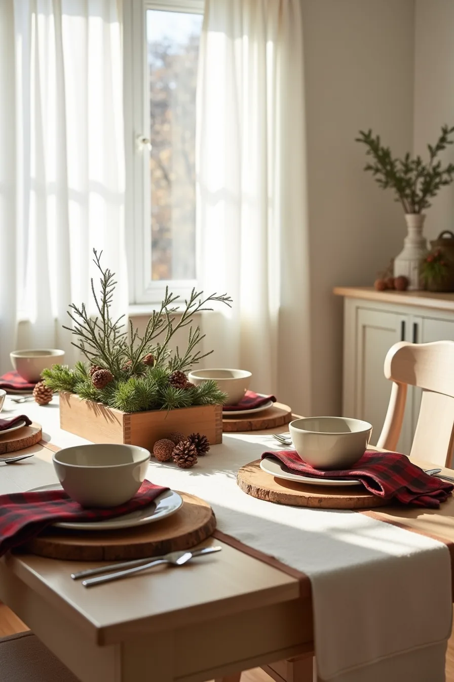 Farmhouse table with wood chargers, plaid napkins, stoneware bowls, pinecones, dried branches, and wooden greenery box.