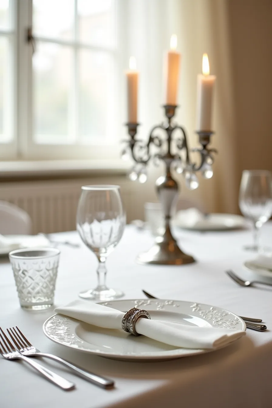 Formal place setting with white damask cloth, silver flatware, crystal glass, silver napkin ring, and candelabra.