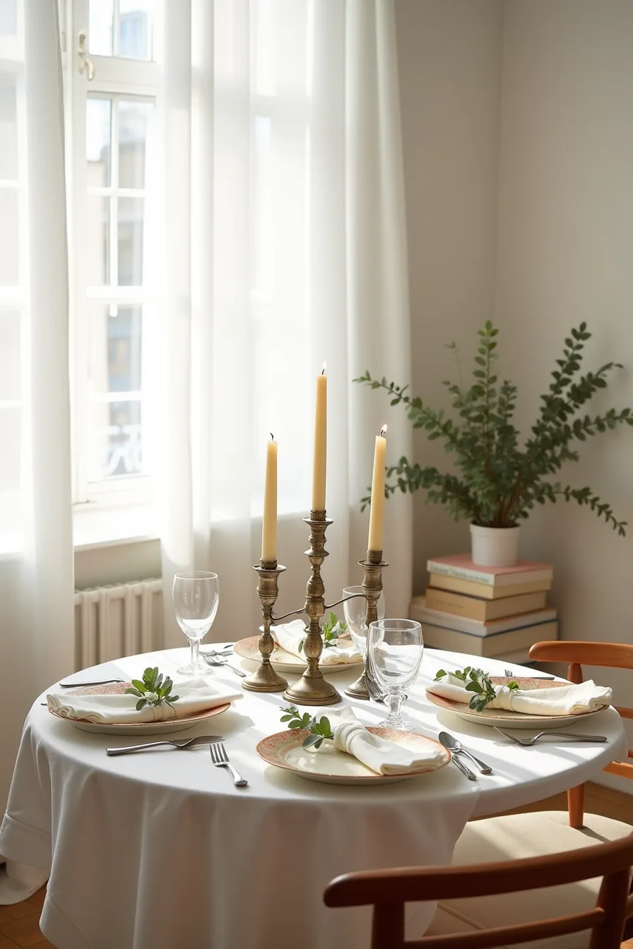 Four mismatched vintage place settings with varied plates, ornate candlesticks, vintage glasses, pastel napkins, and