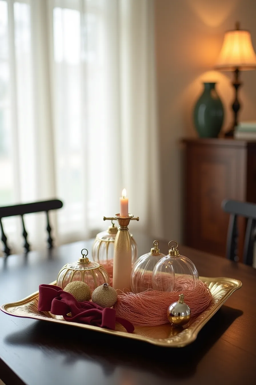 Square brass tray decorated with gold-rimmed ornaments, copper wire garland, burgundy ribbon, and silver bell on a dark