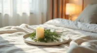 Shallow ceramic tray with cedar sprigs, cream candles, and glass votive arranged with generous empty space, lit by natural