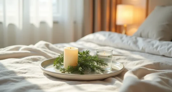 Shallow ceramic tray with cedar sprigs, cream candles, and glass votive arranged with generous empty space, lit by natural