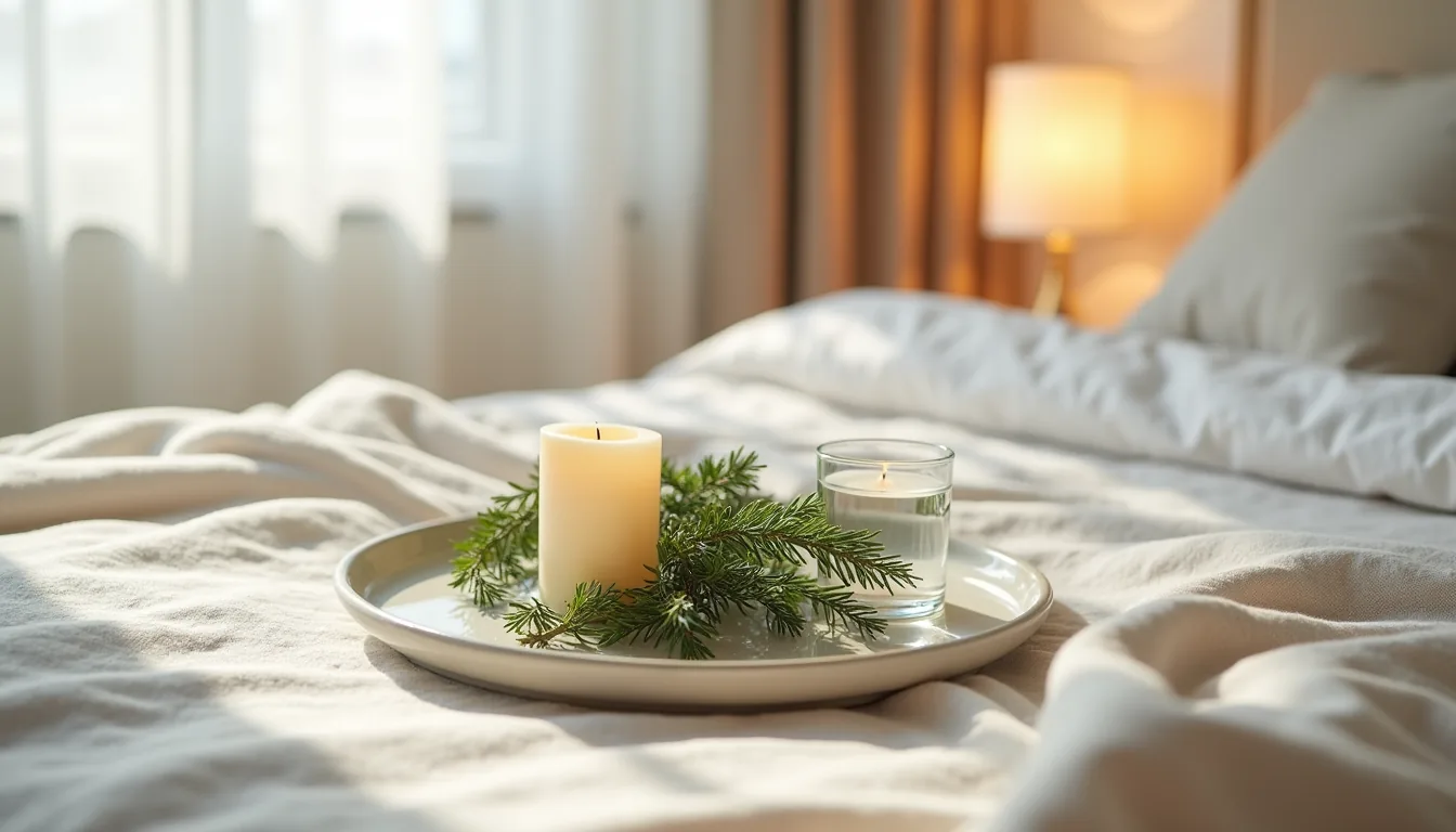 Shallow ceramic tray with cedar sprigs, cream candles, and glass votive arranged with generous empty space, lit by natural