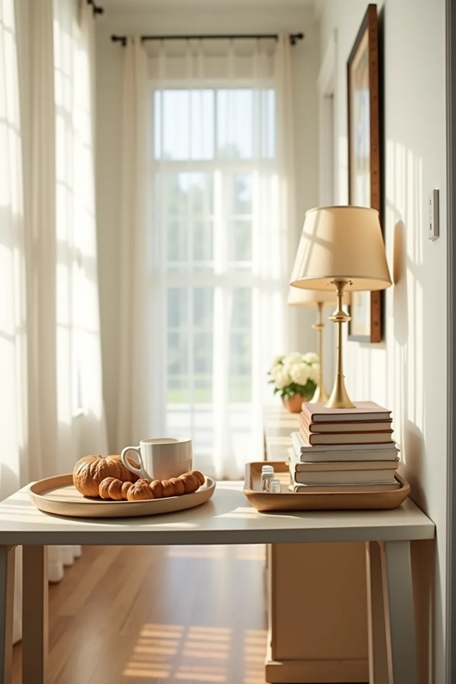 Two trays on a hallway console showing overstuffed versus well-spaced styling with identical decorative elements arranged