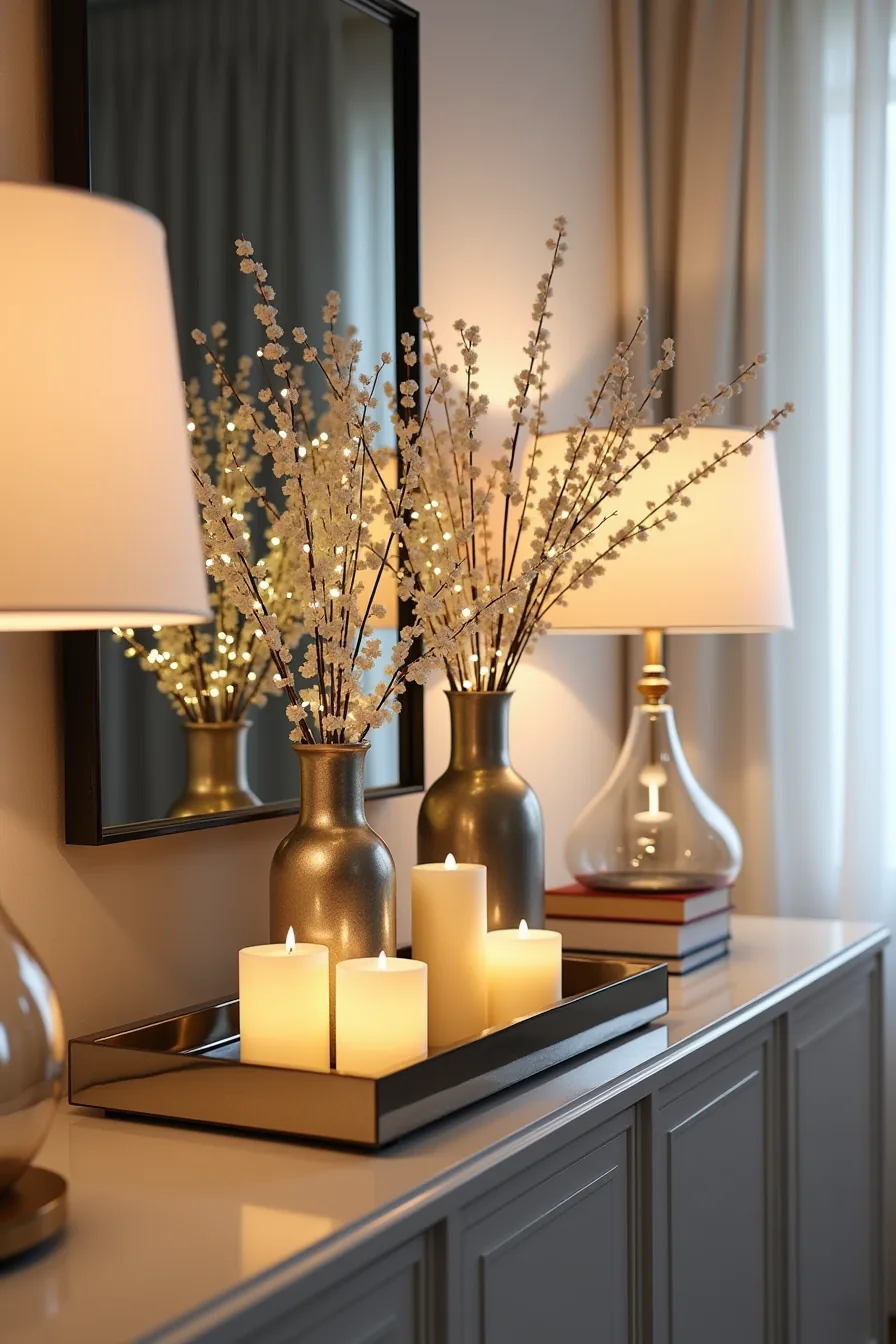 Large mirrored tray with glowing mercury glass vessels, fairy lights, frosted branches, and cream candles reflecting warm