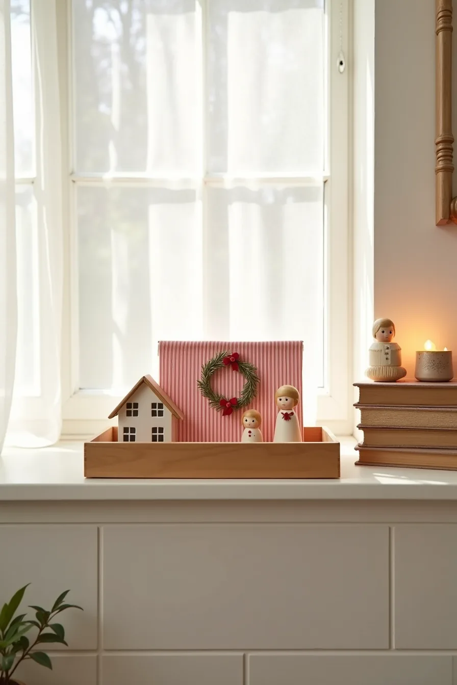 Wooden tray displaying ceramic cottage, wooden winter figurines, striped fabric backdrop, miniature wreath, and stacked
