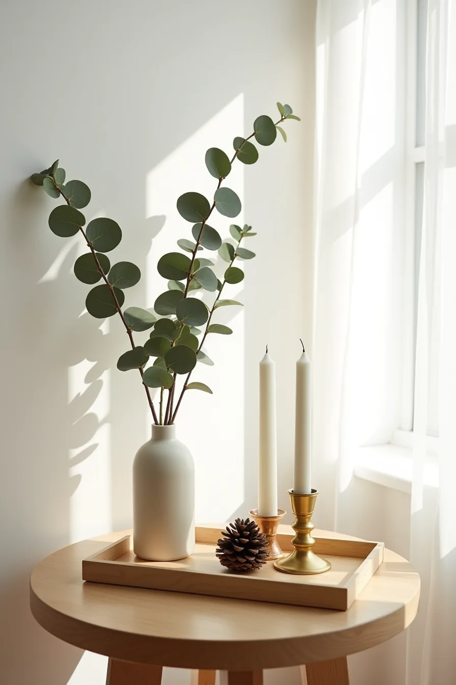 Wooden tray holding fanned eucalyptus stems, white candle in brass holder, and pinecone on a round side table with afternoon