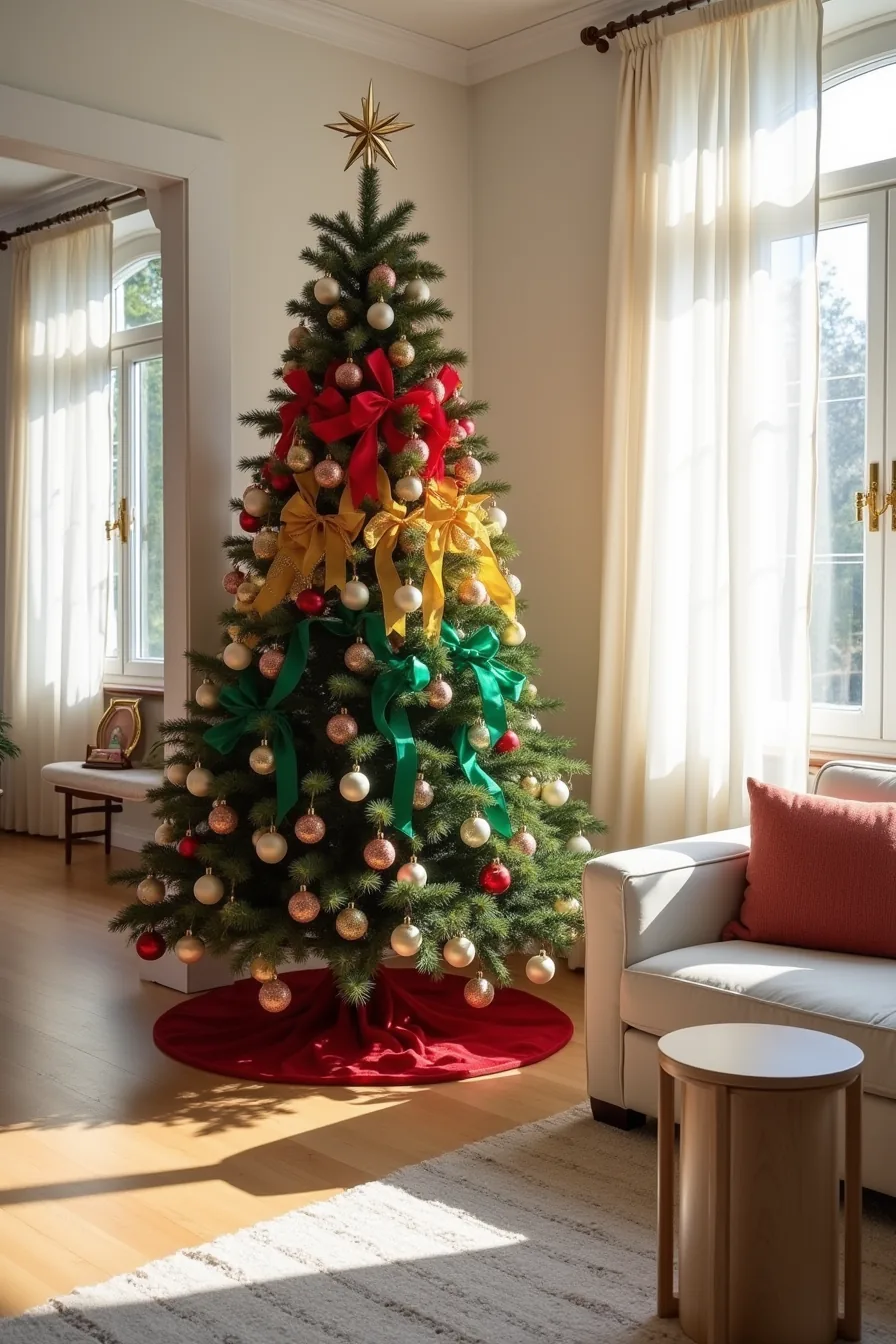Large Christmas tree with color-blocked ornaments in red on the lower third, green in the middle, and gold on top.
