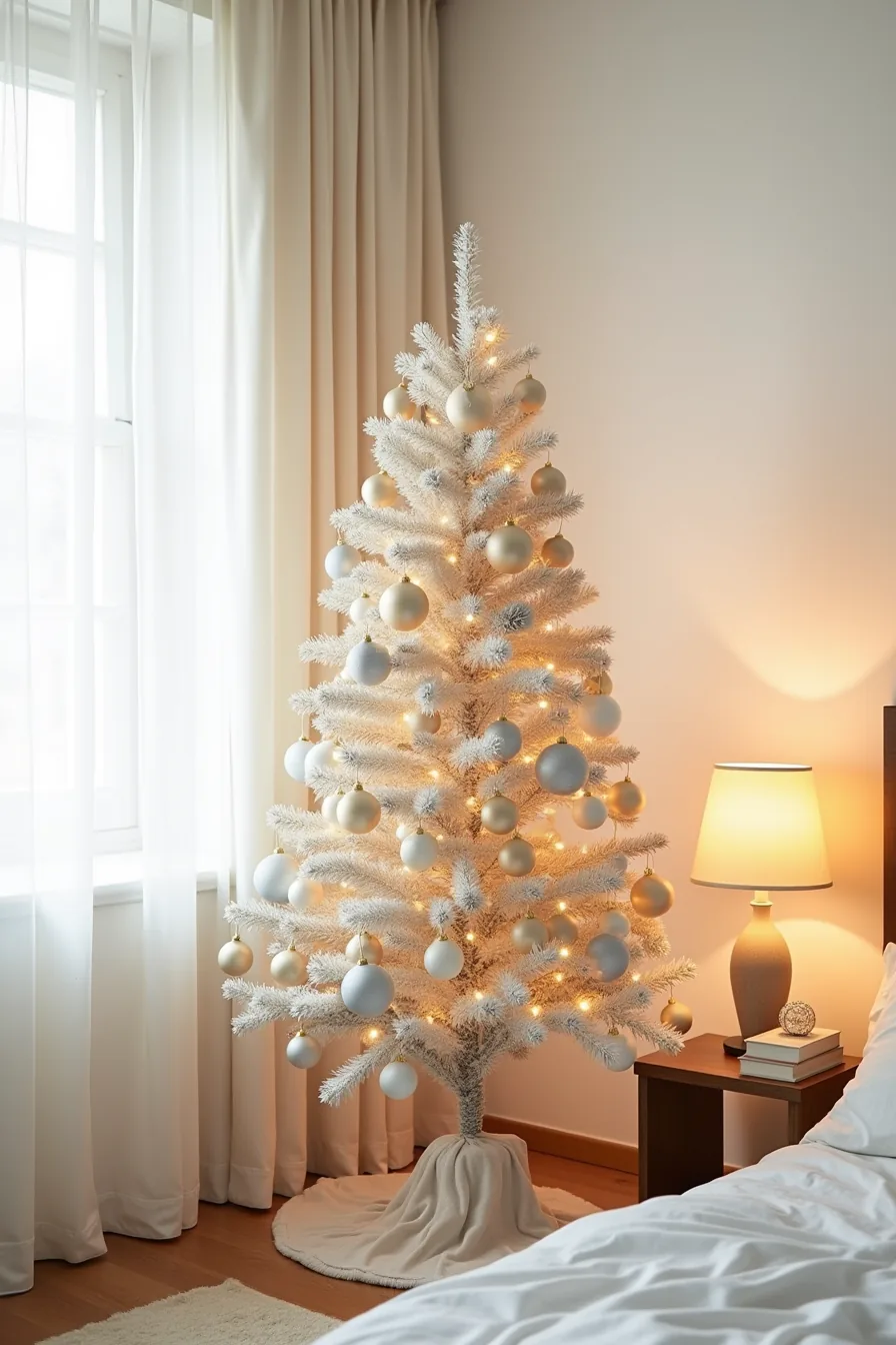 Small cream and ivory Christmas tree in a bedroom corner with a velvet ribbon spiraling down the branches.
