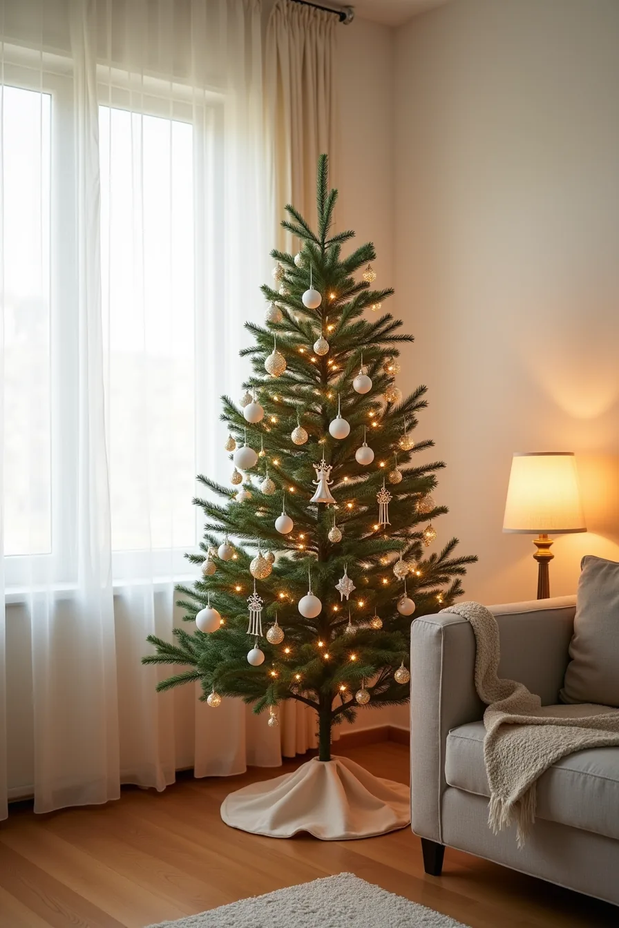 Artificial Christmas tree with clip-on ornaments and removable velcro skirt, designed for renters without permanent