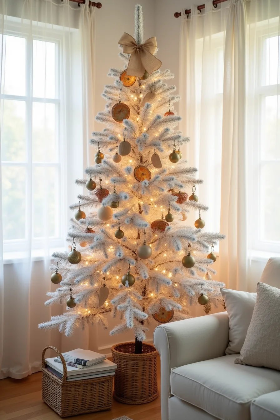 Christmas tree decorated with burlap, wooden beads, dried oranges, brass bells, and linen ornaments in a woven basket.