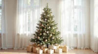Full Christmas tree with silver, gold, and cream ornaments against a white wall, with wrapped presents in matching colors at