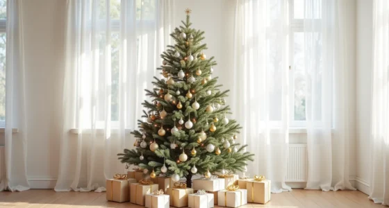 Full Christmas tree with silver, gold, and cream ornaments against a white wall, with wrapped presents in matching colors at