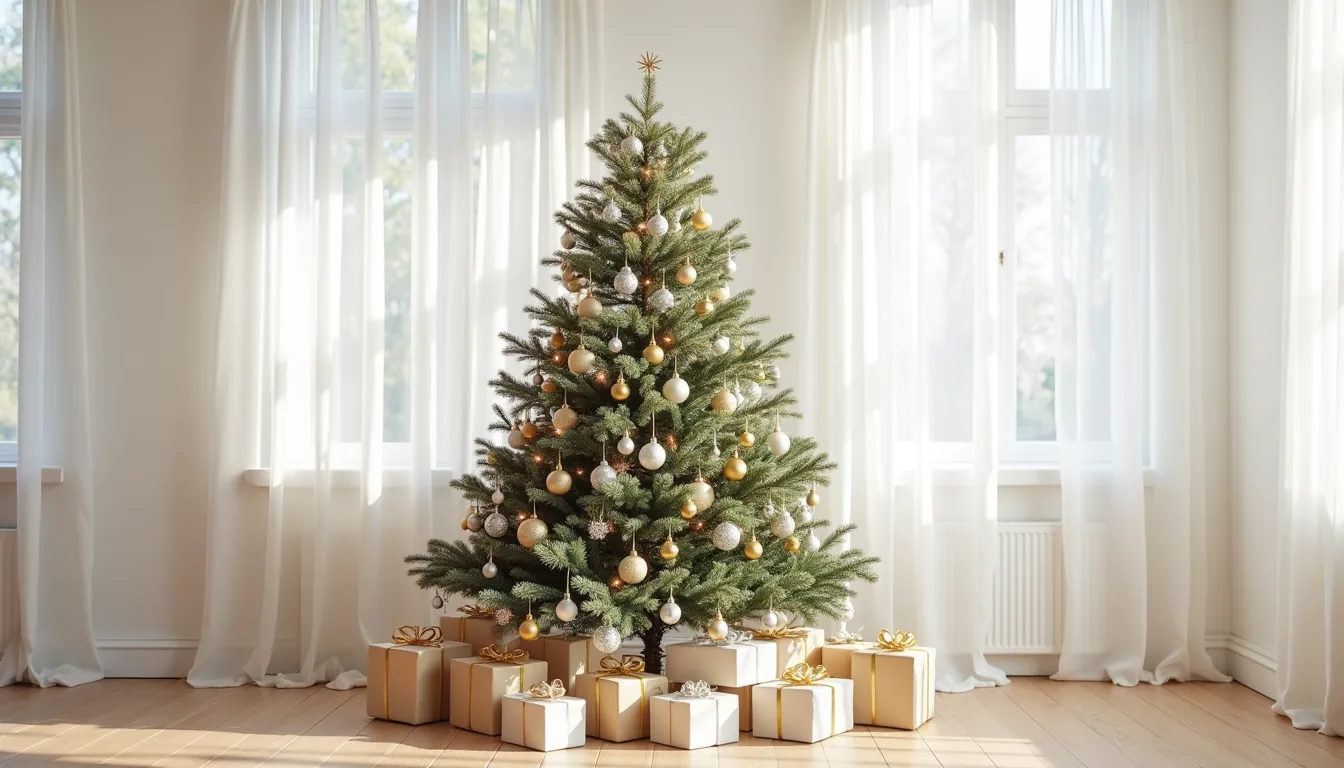 Full Christmas tree with silver, gold, and cream ornaments against a white wall, with wrapped presents in matching colors at