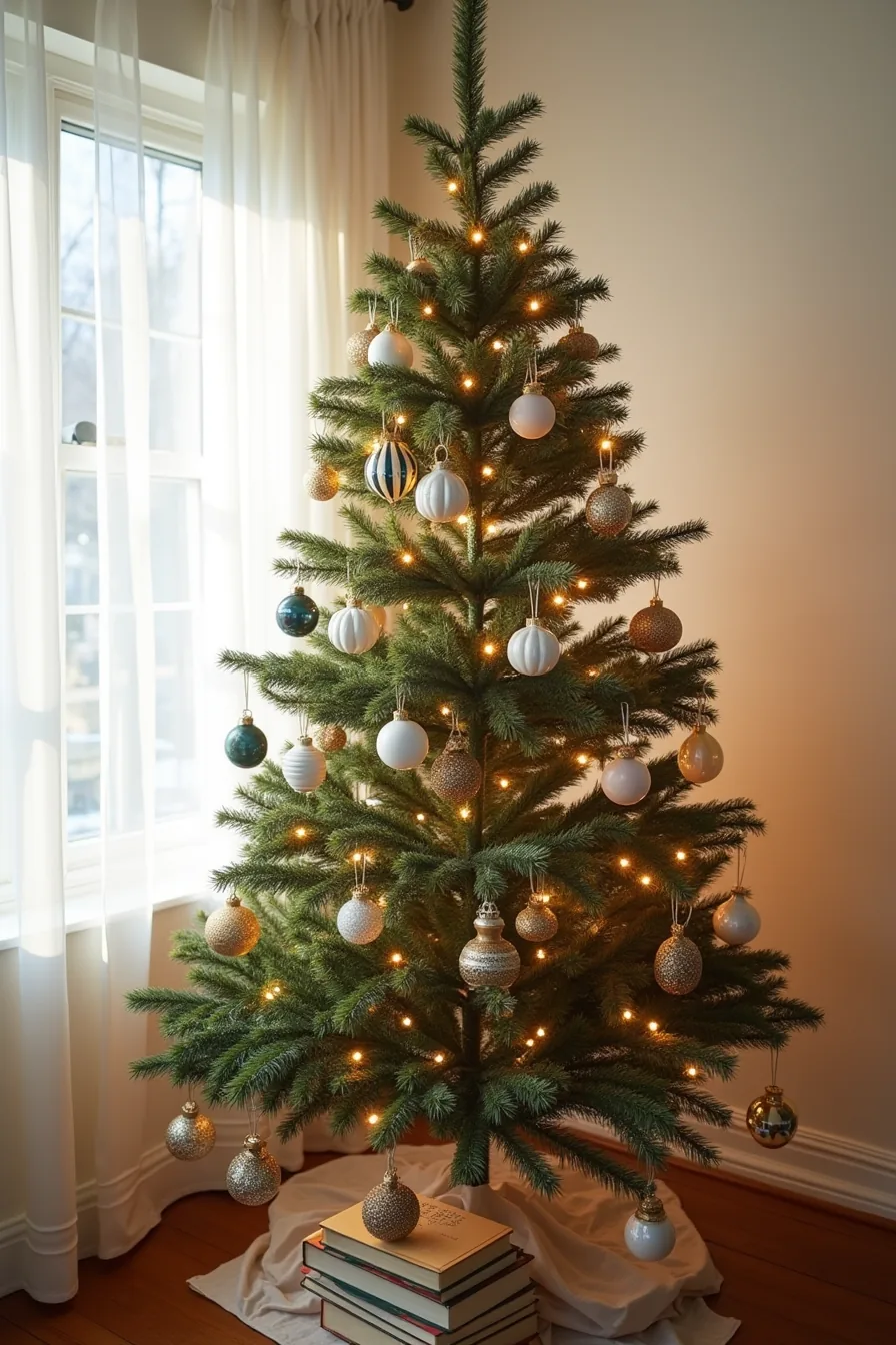 Christmas tree with vintage ceramic and hand-blown glass ornaments spaced for prominence, with storage box and tissue at the