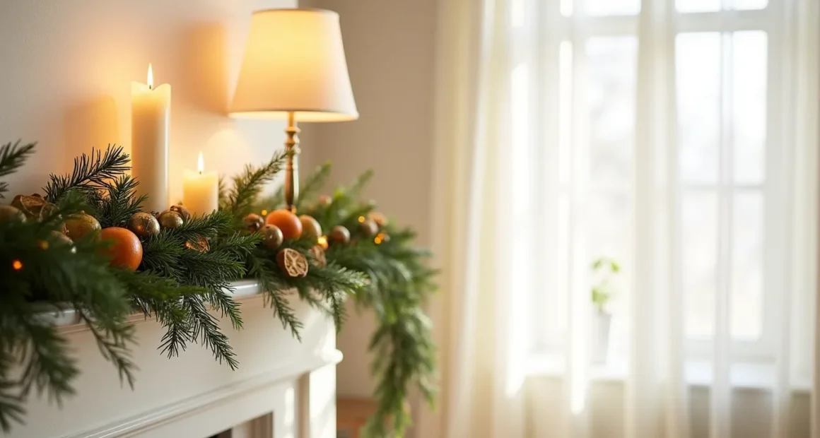 Cream wall decorated with horizontal evergreen garland, brass bells, and dried citrus slices.