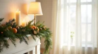 Cream wall decorated with horizontal evergreen garland, brass bells, and dried citrus slices.