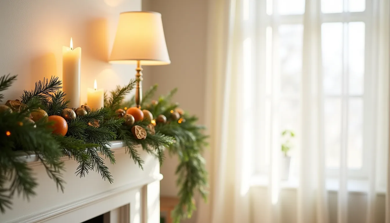 Cream wall decorated with horizontal evergreen garland, brass bells, and dried citrus slices.