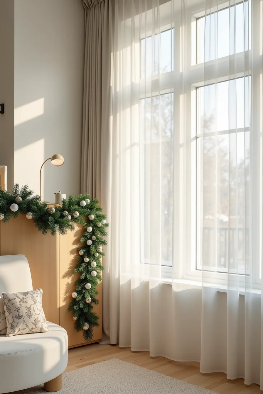 Faux pine garland swag adorned with gold ornaments and white berry clusters on a living room wall.
