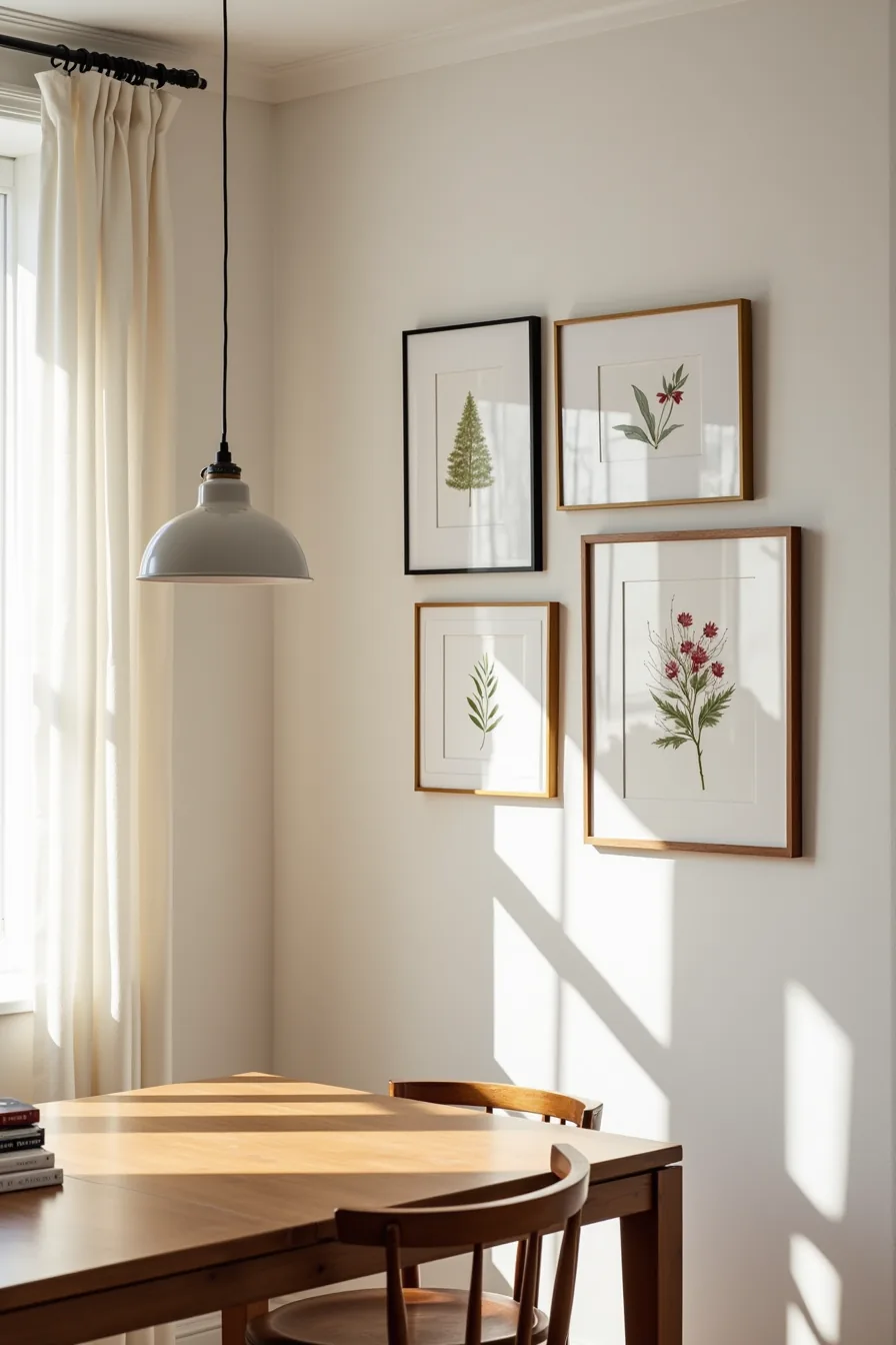 Seven mixed-finish frames arranged in a salon grid displaying holiday prints and botanical illustrations.