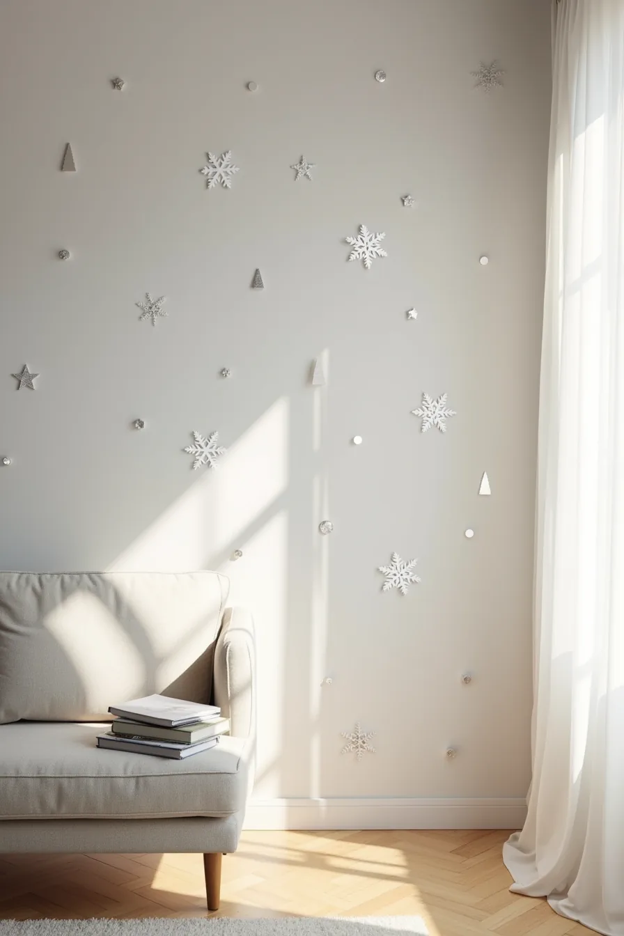 Pale gray wall decorated with scattered white and silver peel-and-stick decals in snowflake and geometric designs.