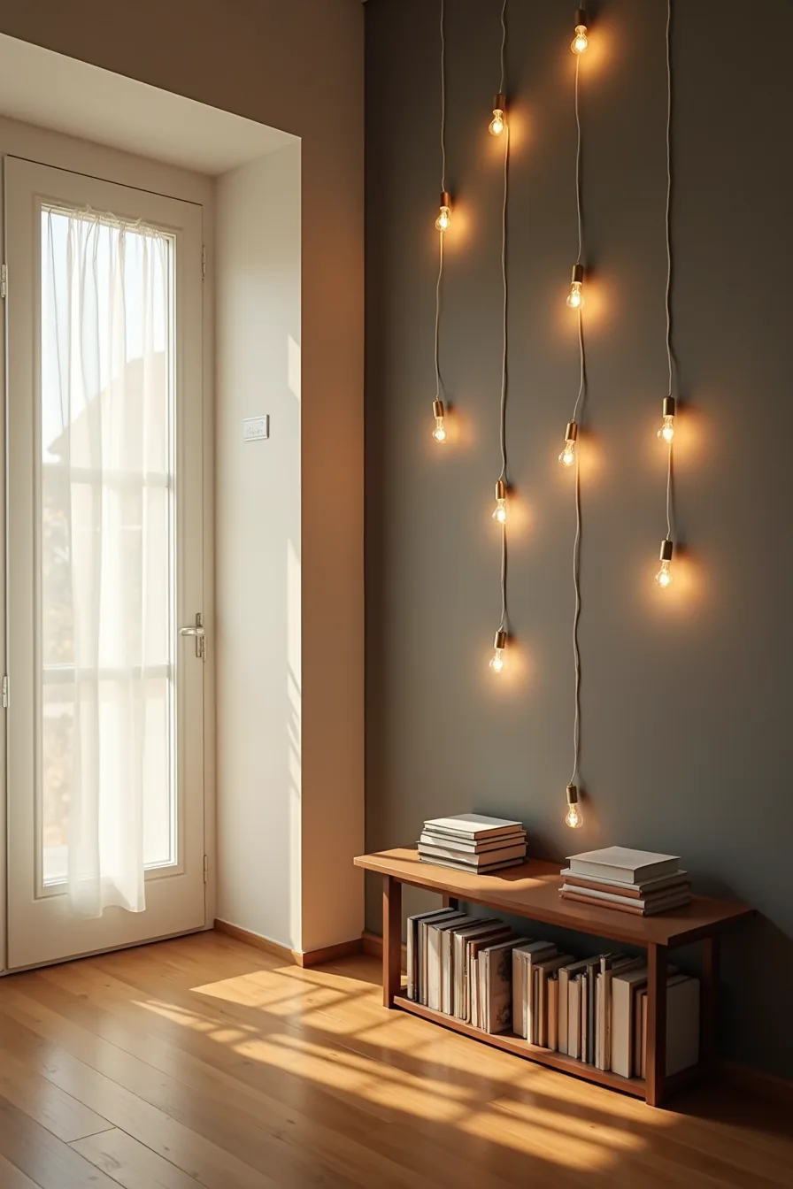 Warm white string lights in a loose grid pattern illuminate a dark entryway wall above a wooden side table.