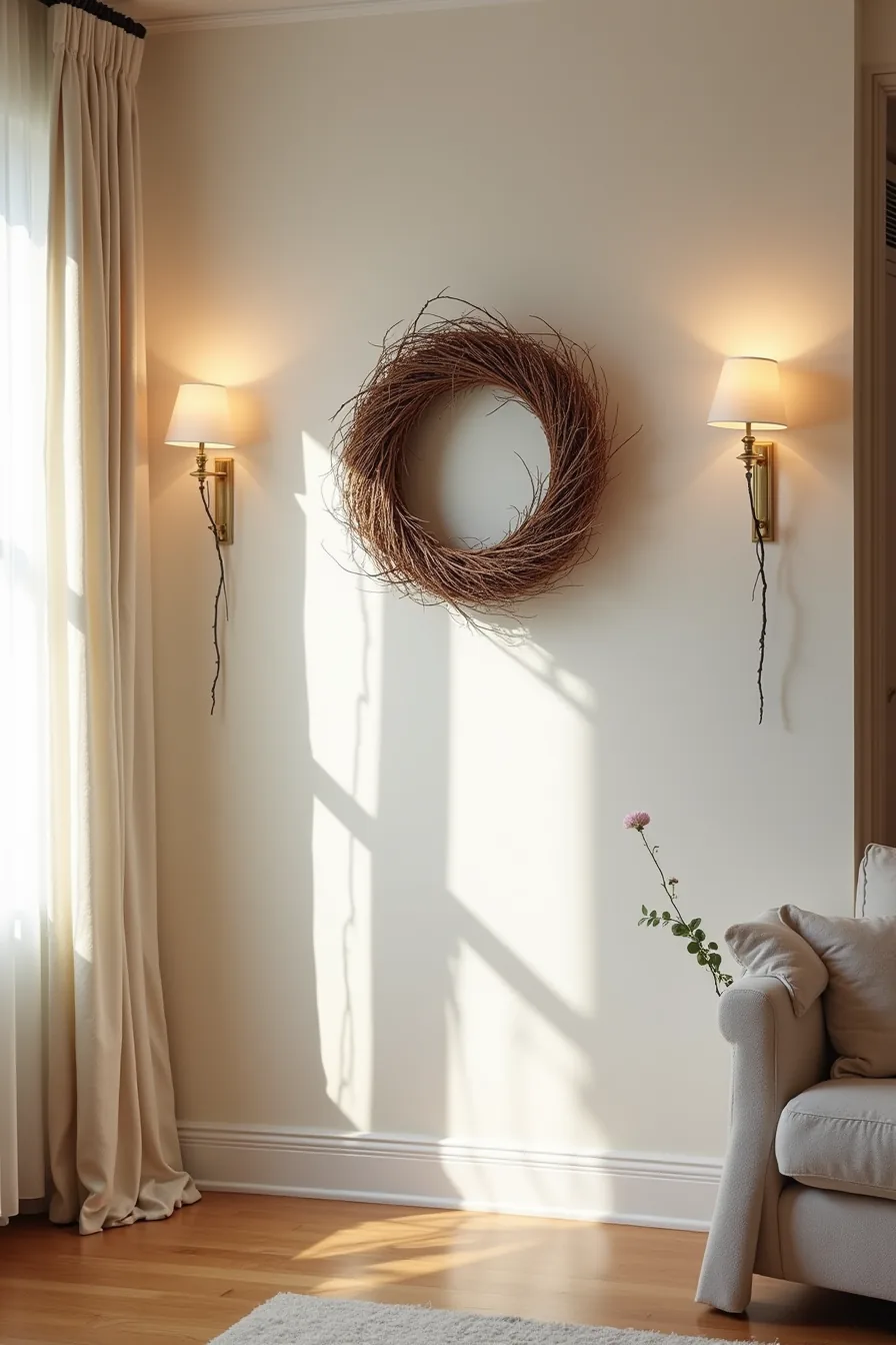 Large woven wreath centered on wall with deep red velvet fabric swags and branches draped on either side.