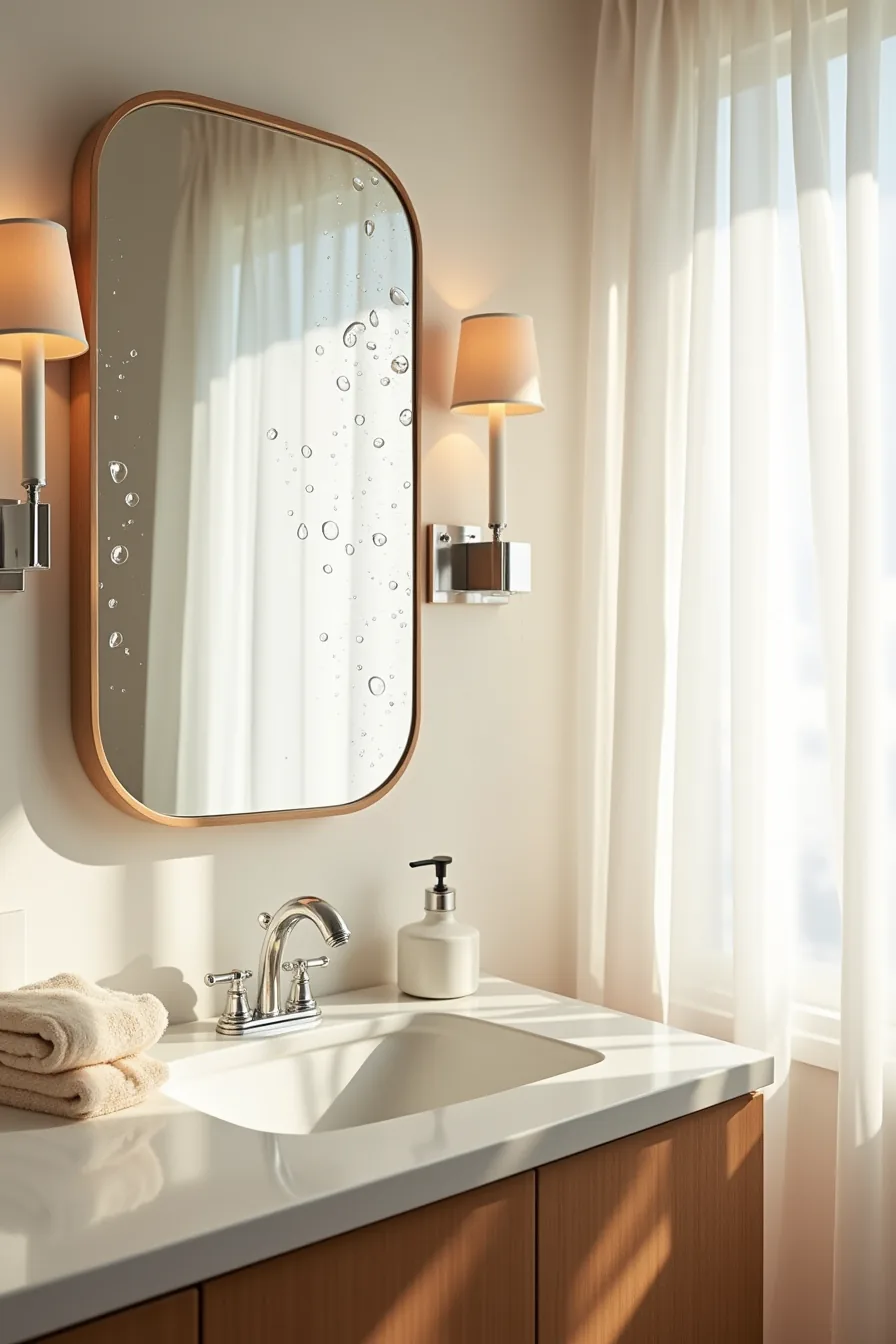 A circular bathroom mirror covered in water droplets with a cleaning cloth nearby, showing mounting hardware in a cutaway