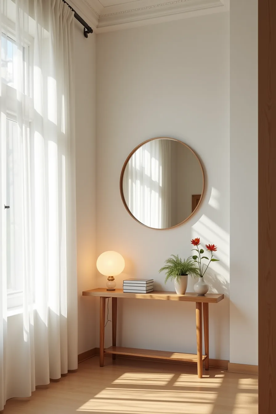 A 24-inch circular mirror reflects window light into a narrow entryway above a small console table.