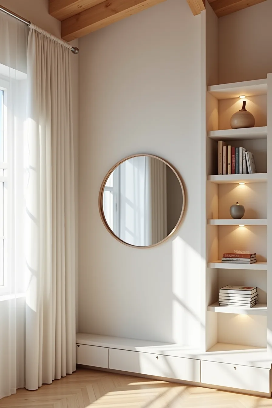 A large circular mirror hangs between angular geometric shelves in a living room corner with exposed wooden ceiling beams.