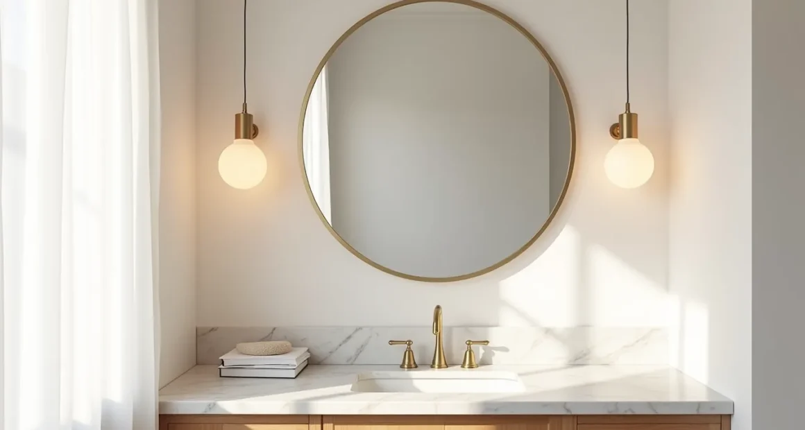 Bathroom vanity with white marble top, brass faucet, and large circular mirror centered above, lit by natural light from the