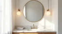 Bathroom vanity with white marble top, brass faucet, and large circular mirror centered above, lit by natural light from the