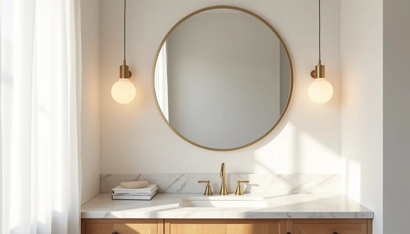 Bathroom vanity with white marble top, brass faucet, and large circular mirror centered above, lit by natural light from the
