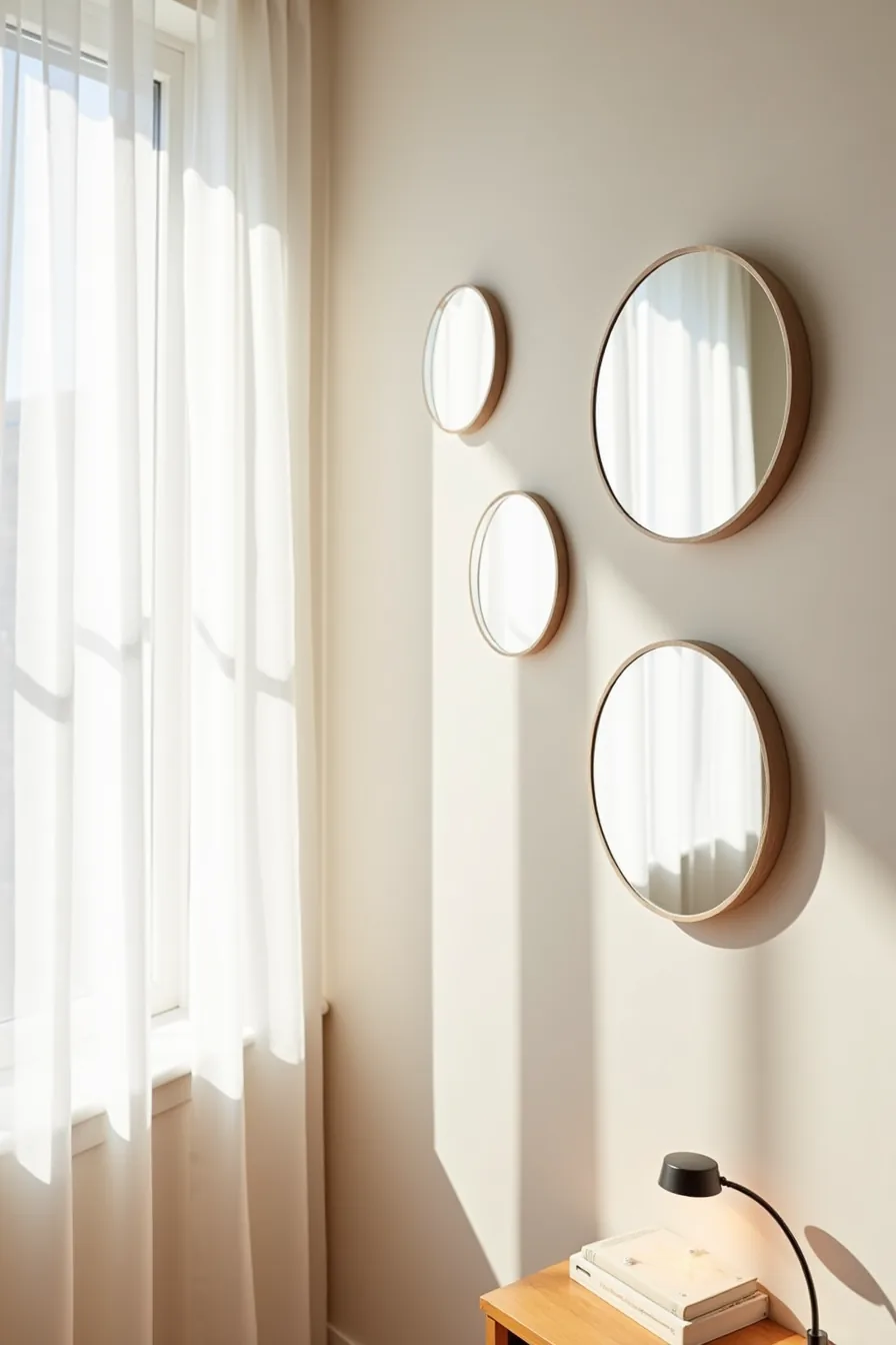 Three circular mirrors displayed with different mounting systems—adhesive, bracket, and metal-framed with anchors—showing