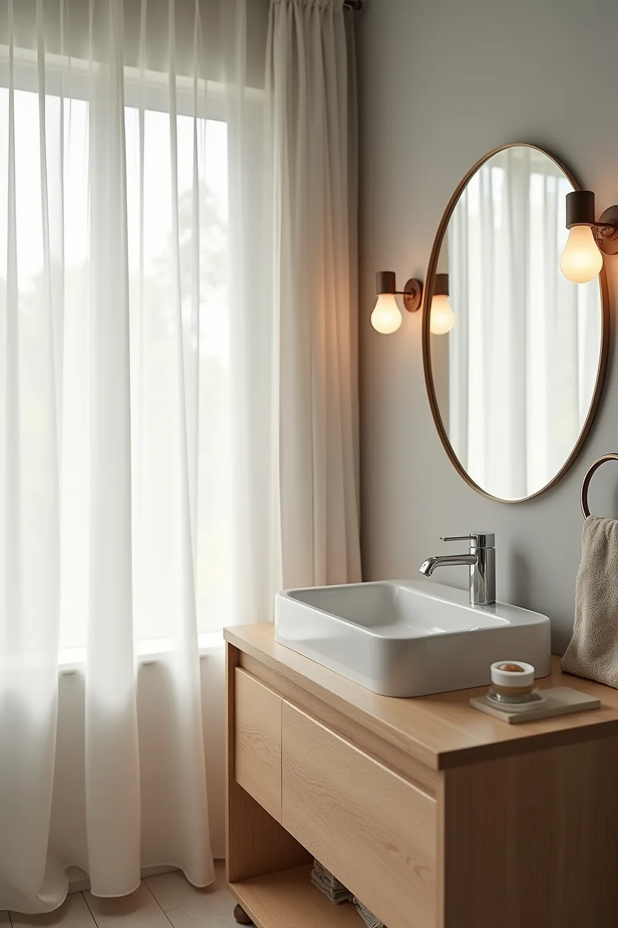 Overhead view of a bathroom sink with a 36-inch circular mirror above it, towel rack to the right, and soap dispenser to the
