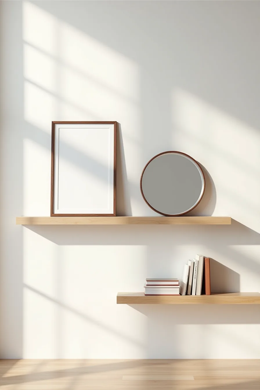 Two circular mirrors displayed side by side on a white wall—one with dark walnut frame on the left, one frameless with