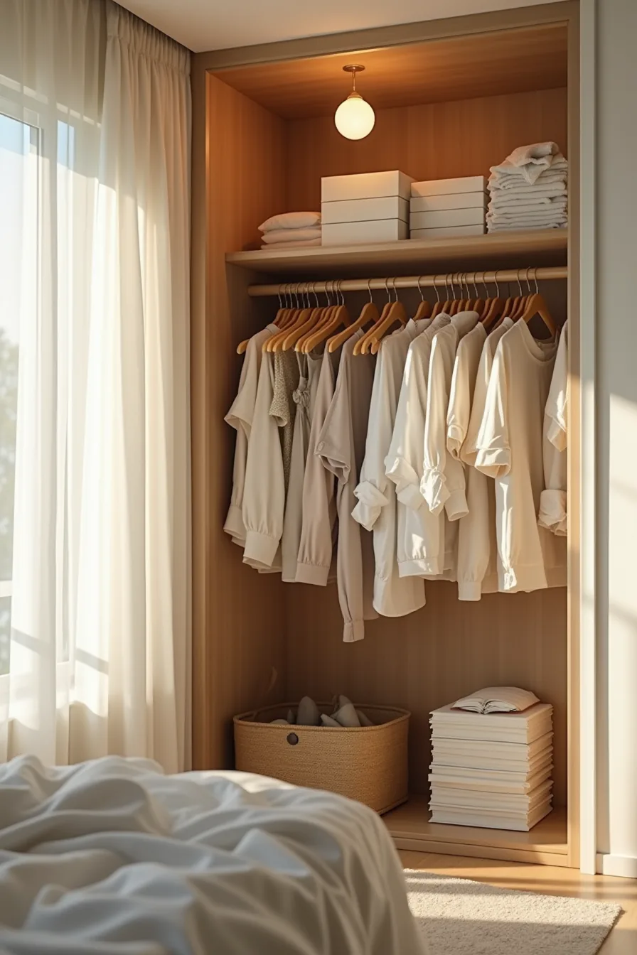 Disorganized closet with overcrowded rod, mismatched hangers, stacked boxes, and poor single-bulb lighting.