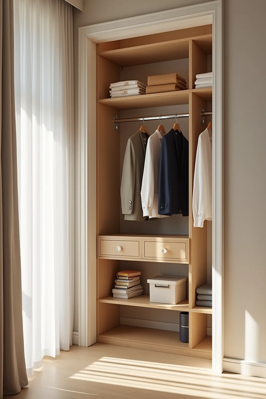 Closet divided into three sections with work blazers on left, casual shirts in center, and color-coded seasonal bins on