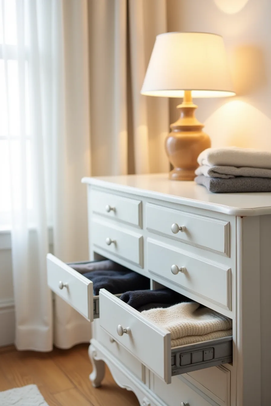 Four open dresser drawers display folded sweaters organized by color with metal dividers inside.