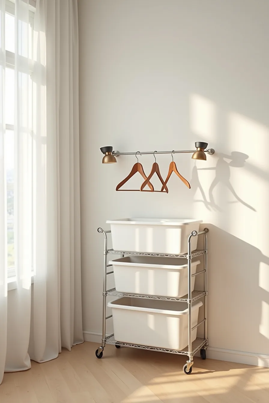 Metal shelving unit with stacked plastic storage bins and a tension rod holding five hangers mounted between unit and wall.