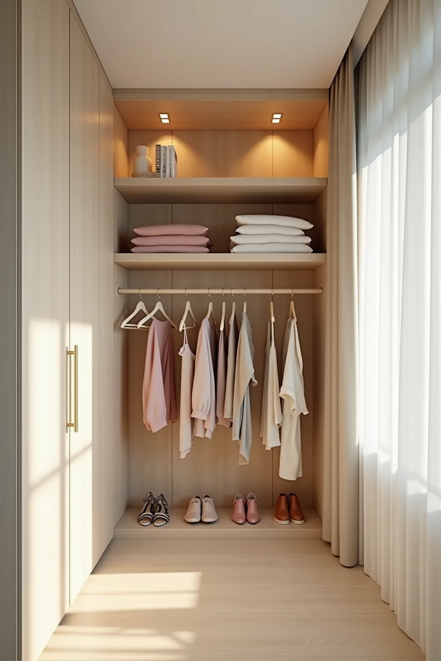 Three-shelf closet system with folded sweaters on top, shoe risers in middle, and dresses on padded hangers below.