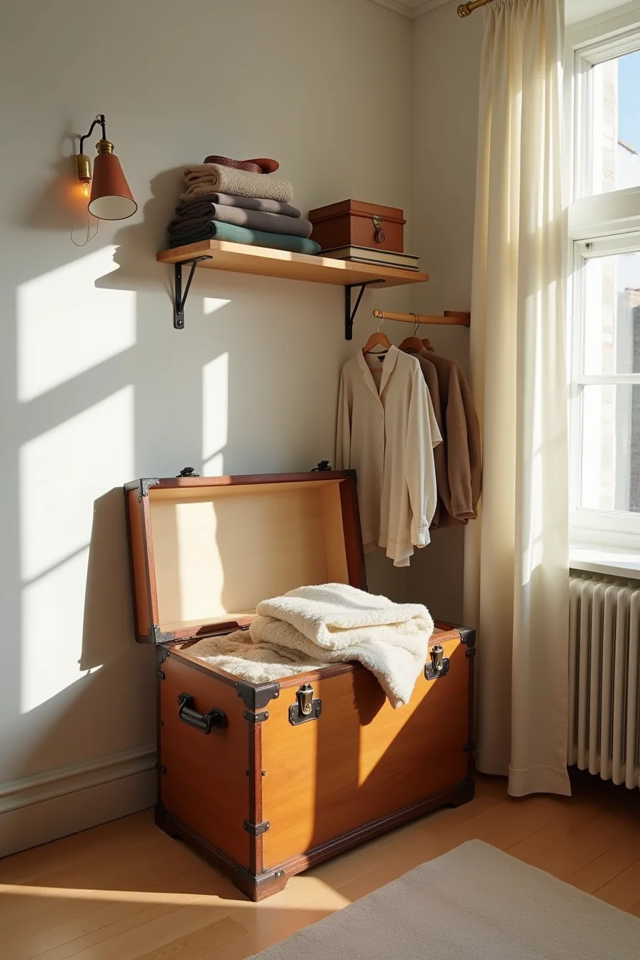 Vintage trunk with floating shelf above displaying folded textiles, leather belt, and wooden box beside hanging garments.