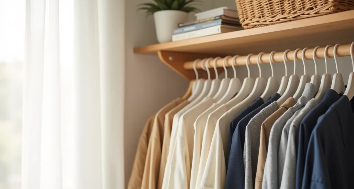 Wooden rod with ten white hangers displaying neatly folded neutral-toned garments above a woven basket shelf.